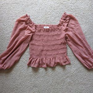 All in Favor Pink Salmon Terracotta Off the Shoulder Smocked Long Sleeve…